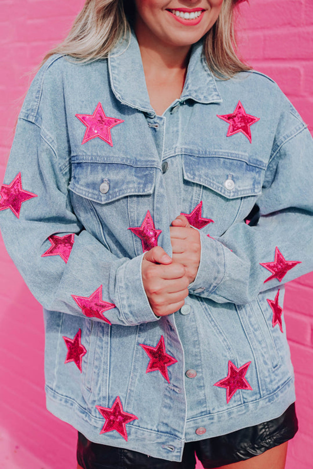 Light Blue either Pink Sequin Stars & Flap Pocket Denim Jacket Ti Amo I love you