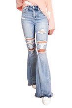 Load image into Gallery viewer, Light Wash Distressed High Rise Flare Jeans Ti Amo I love you
