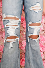 Load image into Gallery viewer, Light Wash Distressed High Rise Flare Jeans Ti Amo I love you
