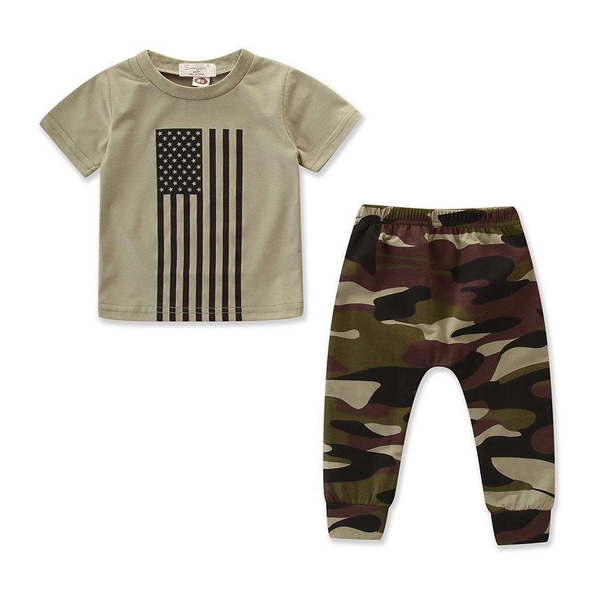 Little Kids' Suit Summer Men's Clothing Independence Day Flag Camouflage Suit Ti Amo I love you