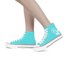 Load image into Gallery viewer, Ti Amo I love you - Exclusive Brand - Medium Turquoise Blue- White Daisy - High Top Canvas Shoes - White  Soles
