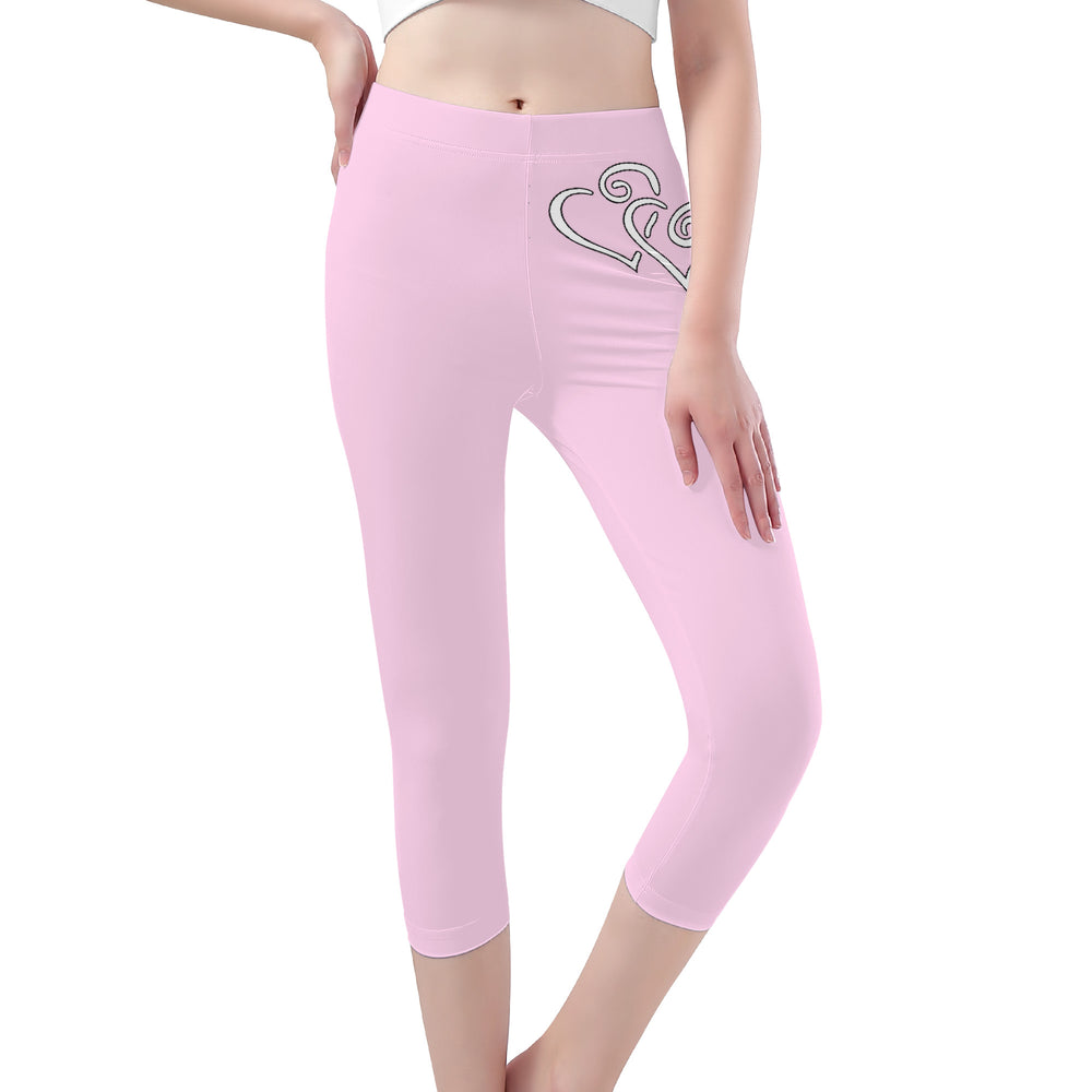 Ti Amo I love you - Exclusive Brand - Pink Lace - Double White Heart - Womens / Teen Girls / Womens Plus Size - Capri Yoga Leggings -Sizes XS-3XL