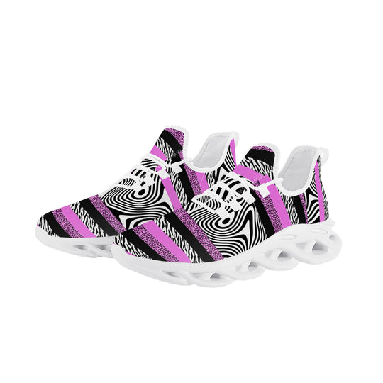 Ti Amo I love you - Exclusive Brand - Deep Lavender Magenta & Zebra Stripes & Black & White Wavy Stripes Mashup - Mens / Womens - Flex Control Sneakers- White Soles