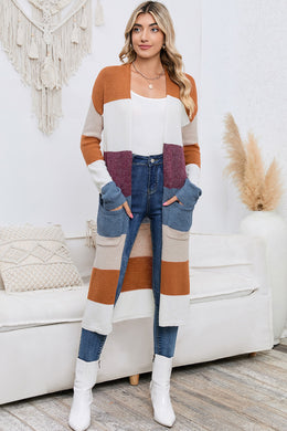 Long Color Block Open Front Pocketed Cardigan Ti Amo I love you