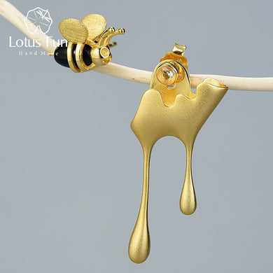 Lotus Fun Real 925 Sterling Silver Handmade Fine Jewelry 18K Gold Bee and Dripping Honey Asymmetric Stud Earrings for Women Gift Ti Amo I love you