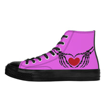 Load image into Gallery viewer, Ti Amo I love you - Exclusive Brand - Deep Lavender Magenta - Skeleton Hands with Heart - High Top Canvas Shoes - Black  Soles
