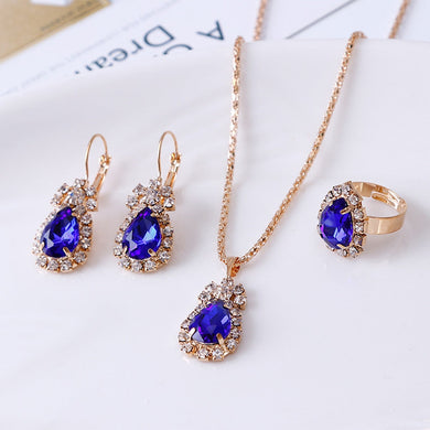 Luxury Water Drop Rhinestone Necklace Earrings Ring Set Shiny Fashion Elegant Women Bridal Jewelry Sets Ti Amo I love you