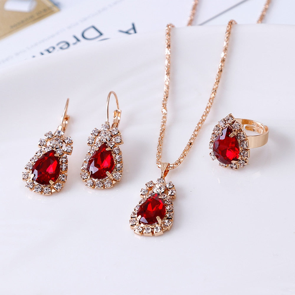 Luxury Water Drop Rhinestone Necklace Earrings Ring Set Shiny Fashion Elegant Women Bridal Jewelry Sets Ti Amo I love you