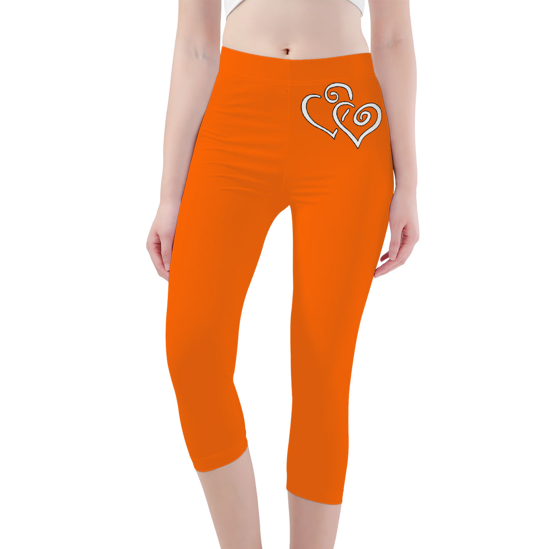 Ti Amo I love you -Exclusive Brand - Safety Orange - Double White Heart - Womens / Teen Girls / Womens Plus Size - Capri Yoga Leggings - Sizes XS-3XL