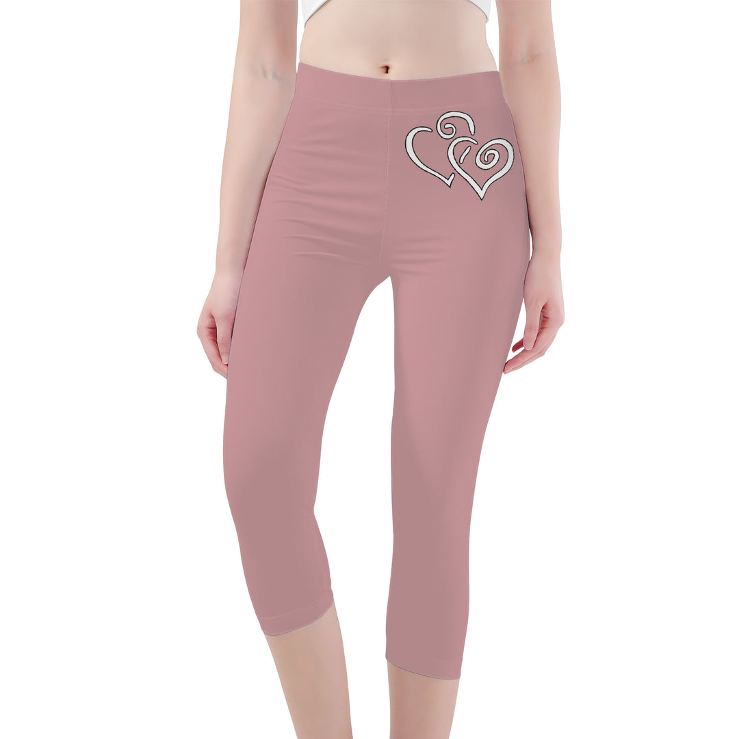 Ti Amo I love you -Exclusive Brand - Oriental Pink - Double White Heart - Womens / Teen Girls / Womens Plus Size - Capri Yoga Leggings - Sizes XS-3XL