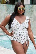 Load image into Gallery viewer, Marina West Swim Float On Ruffle Faux Wrap One-Piece in Daisy Cream Ti Amo I love you
