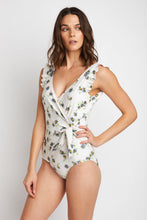 Load image into Gallery viewer, Marina West Swim Float On Ruffle Faux Wrap One-Piece in Daisy Cream Ti Amo I love you
