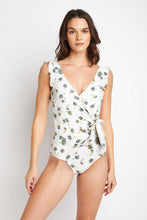 Load image into Gallery viewer, Marina West Swim Float On Ruffle Faux Wrap One-Piece in Daisy Cream Ti Amo I love you
