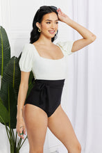 Load image into Gallery viewer, Marina West Swim Salty Air Puff Sleeve One-Piece in Cream/Black - Sizes S-2XL Ti Amo I love you
