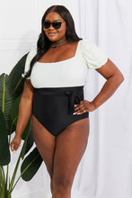 Load image into Gallery viewer, Marina West Swim Salty Air Puff Sleeve One-Piece in Cream/Black - Sizes S-2XL Ti Amo I love you
