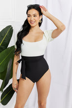 Load image into Gallery viewer, Marina West Swim Salty Air Puff Sleeve One-Piece in Cream/Black - Sizes S-2XL Ti Amo I love you
