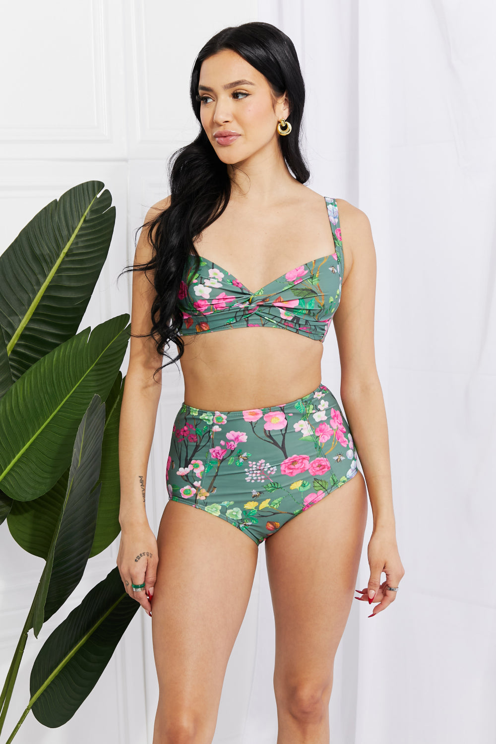 Marina West Swim Take A Dip Twist High-Rise Bikini in Sage - Only Sizes S-2XL Left Ti Amo I love you