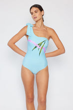 Load image into Gallery viewer, Marina West Swim Vacay Mode One Shoulder Swimsuit in Pastel Blue Ti Amo I love you
