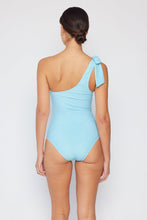 Load image into Gallery viewer, Marina West Swim Vacay Mode One Shoulder Swimsuit in Pastel Blue Ti Amo I love you
