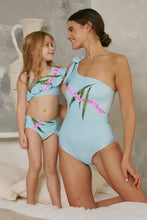 Load image into Gallery viewer, Marina West Swim Vacay Mode One Shoulder Swimsuit in Pastel Blue Ti Amo I love you
