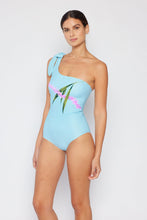 Load image into Gallery viewer, Marina West Swim Vacay Mode One Shoulder Swimsuit in Pastel Blue Ti Amo I love you
