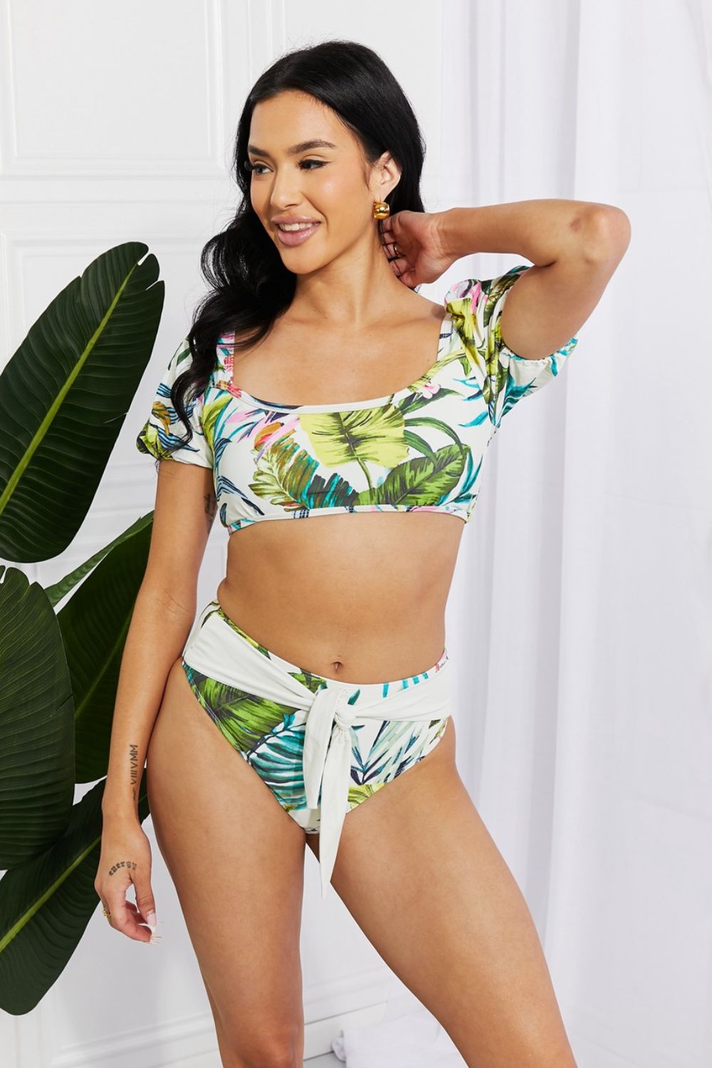 Marina West Swim Vacay Ready Puff Sleeve Bikini in Floral - Sizes S-2XL Ti Amo I love you