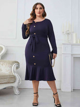 Load image into Gallery viewer, Melo Apparel - Plus Size - Blueberry - Buttoned Round Neck Tie Belt Midi Dress Ti Amo I love you
