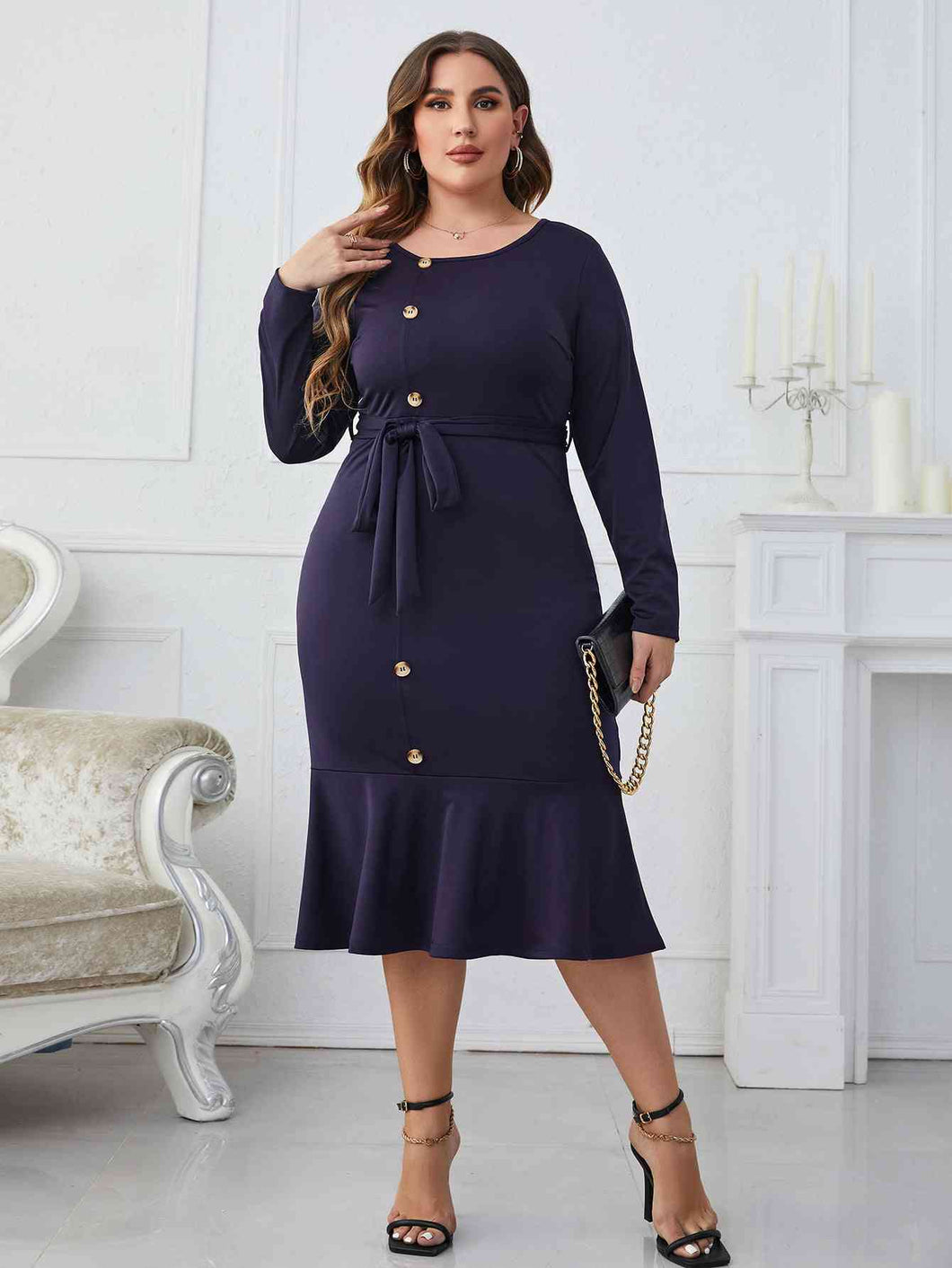 Melo Apparel - Plus Size - Blueberry - Buttoned Round Neck Tie Belt Midi Dress Ti Amo I love you