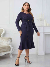 Load image into Gallery viewer, Melo Apparel - Plus Size - Blueberry - Buttoned Round Neck Tie Belt Midi Dress Ti Amo I love you
