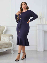 Load image into Gallery viewer, Melo Apparel - Plus Size - Blueberry - Buttoned Round Neck Tie Belt Midi Dress Ti Amo I love you
