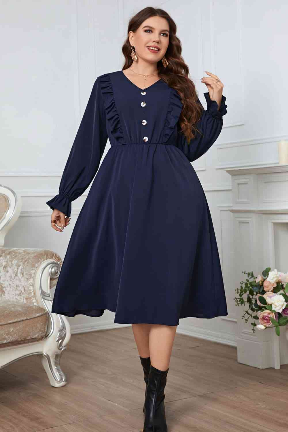 Melo Apparel - Plus Size - Navy - V-Neck Buttoned Flounce Sleeve Dress Ti Amo I love you