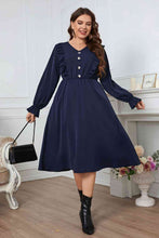 Load image into Gallery viewer, Melo Apparel - Plus Size - Navy - V-Neck Buttoned Flounce Sleeve Dress Ti Amo I love you
