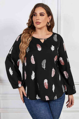 Melo Apparel Plus Size Printed Round Neck Long Sleeve Cutout Blouse - Sizes 1XL-4XL Ti Amo I love you