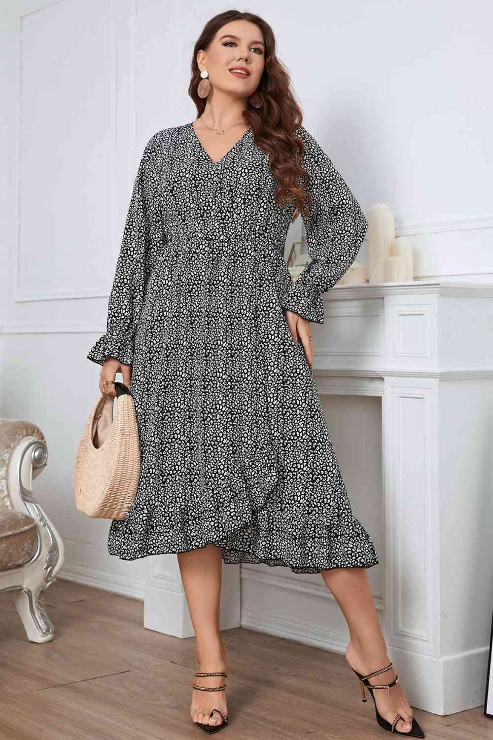 Melo Apparel Plus Size Printed V-Neck Flounce Sleeve Midi Dress Ti Amo I love you