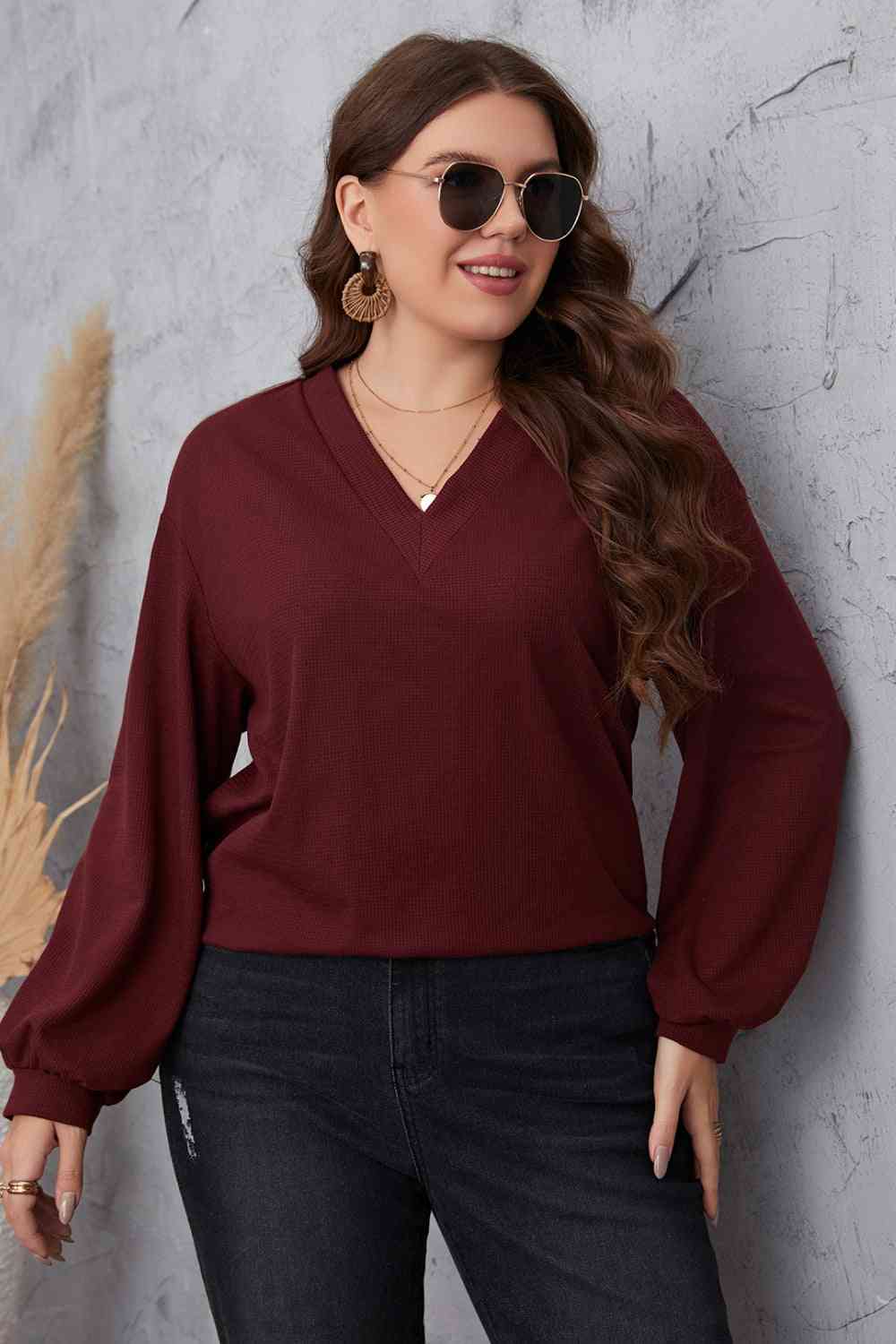 Melo Apparel - Plus Size - Wine - V-Neck Dropped Shoulder Blouse - Sizes 1XL-4XL Ti Amo I love you