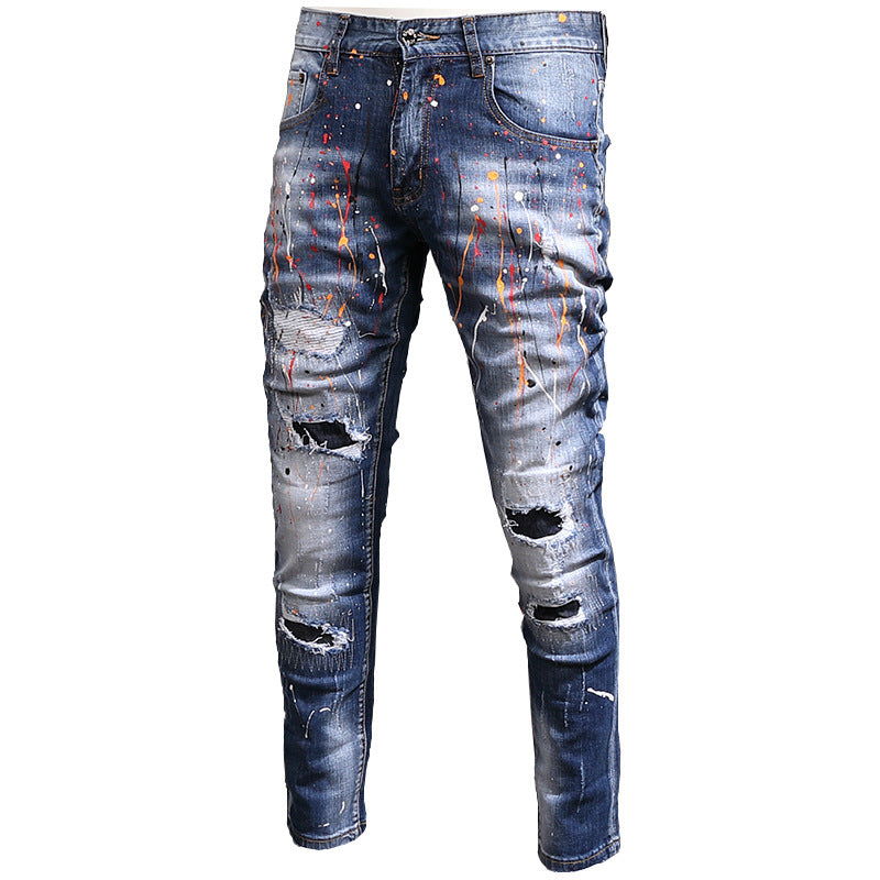 Men's Fashion Casual Color Splatter Hole Patch Jeans - Waist Sizes 28-38 Ti Amo I love you