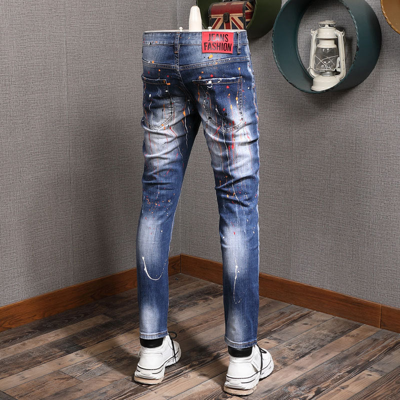 Men's Fashion Casual Color Splatter Hole Patch Jeans - Waist Sizes 28-38 Ti Amo I love you