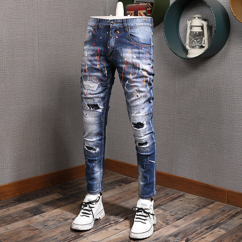 Men's Fashion Casual Color Splatter Hole Patch Jeans - Waist Sizes 28-38 Ti Amo I love you