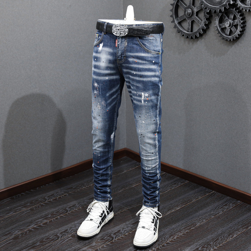 Men's Fashion Retro Blue Washed Paint Splatter - Embroidered Micro-Elastic Slim Jeans - Waist 29-38in Ti Amo I love you