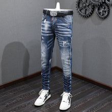 Load image into Gallery viewer, Men&#39;s Fashion Retro Blue Washed Paint Splatter - Embroidered Micro-Elastic Slim Jeans - Waist 29-38in Ti Amo I love you
