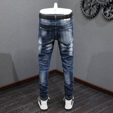 Load image into Gallery viewer, Men&#39;s Fashion Retro Blue Washed Paint Splatter - Embroidered Micro-Elastic Slim Jeans - Waist 29-38in Ti Amo I love you
