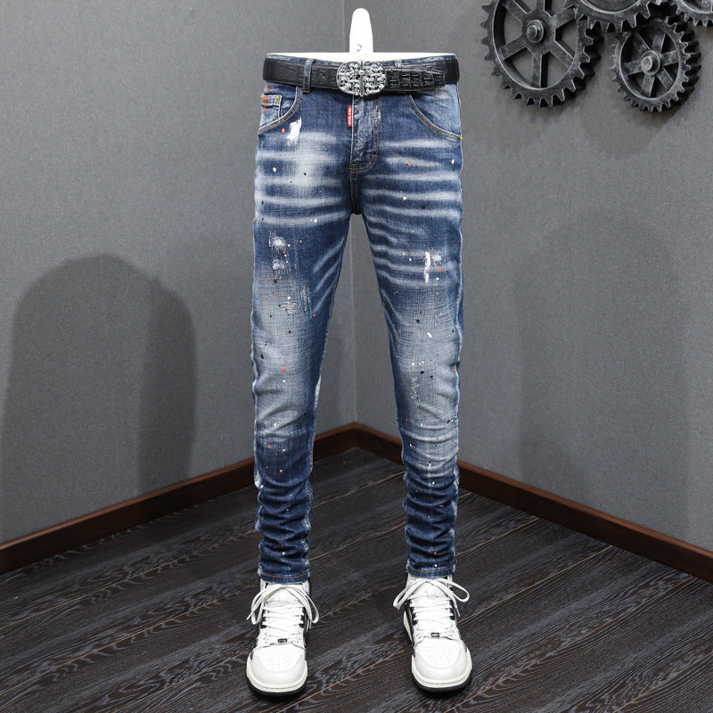 Men's Fashion Retro Blue Washed Paint Splatter - Embroidered Micro-Elastic Slim Jeans - Waist 29-38in Ti Amo I love you