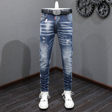 Men's Fashion Retro Blue Washed Paint Splatter - Embroidered Micro-Elastic Slim Jeans - Waist 29-38in Ti Amo I love you