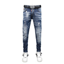 Load image into Gallery viewer, Men&#39;s Fashion Retro Blue Washed Paint Splatter - Embroidered Micro-Elastic Slim Jeans - Waist 29-38in Ti Amo I love you
