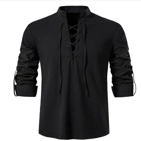 Men's V-neck Shirt T-shirt Fashion Vintage Thin Long Sleeve Top men Casual Breathable Viking Front Lace Up Man Shirts Ti Amo I love you