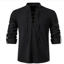 Load image into Gallery viewer, Men&#39;s V-neck Shirt T-shirt Fashion Vintage Thin Long Sleeve Top men Casual Breathable Viking Front Lace Up Man Shirts Ti Amo I love you
