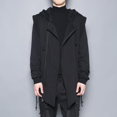 Mens - Dark Black Zipper Fake Two Piece Hooded Cross Strap Casual Coat - Sizes S-2XL Ti Amo I love you