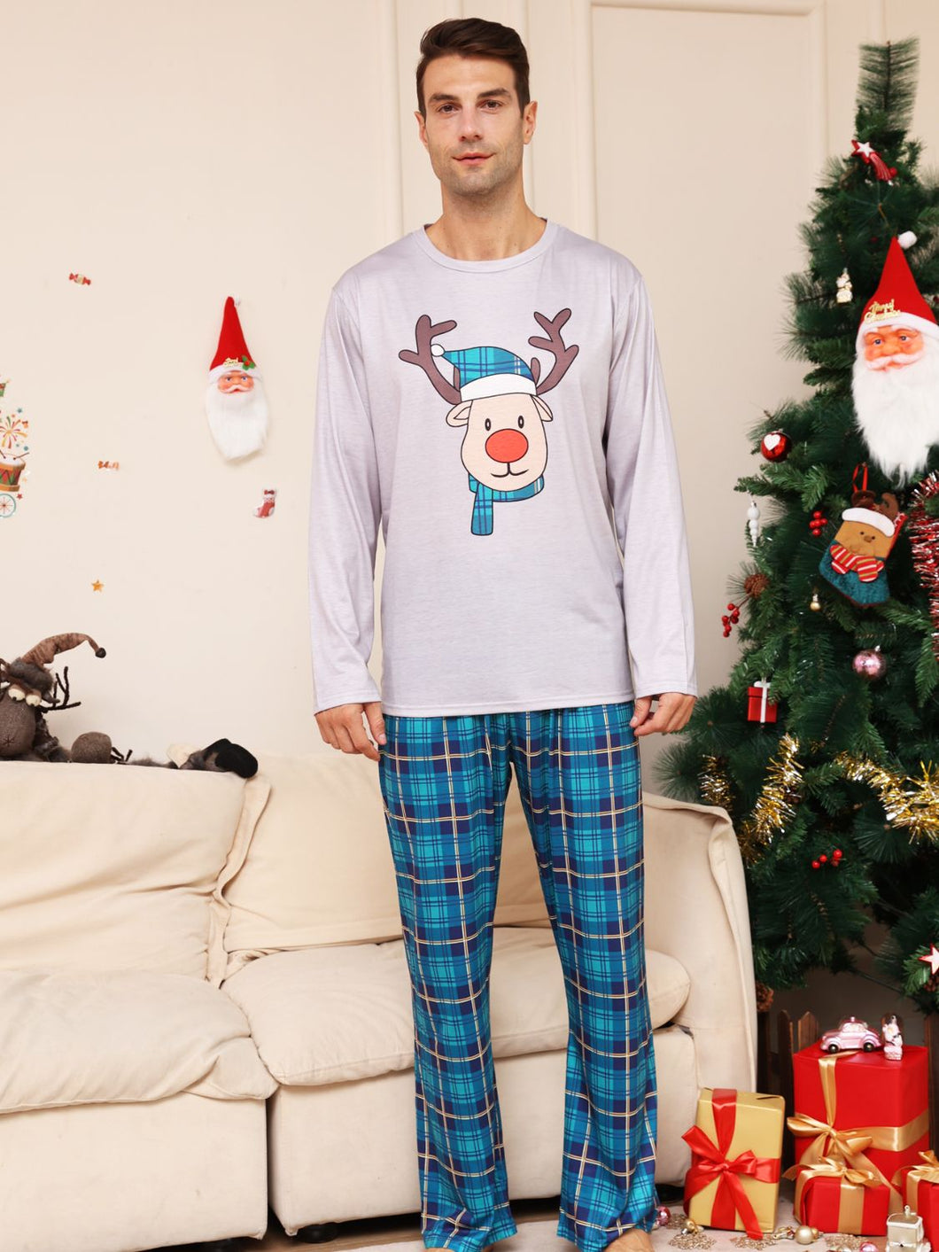 Mens - Full Size Rudolph Graphic Long Sleeve Top and Plaid Pants Set - Sizes S-4XL Ti Amo I love you