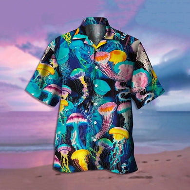 Mens Hawaiian Print - Shark Octopus Sea - Oversized Short Sleeve Button-Up Shirt Ti Amo I love you