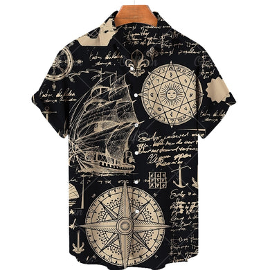 Mens - Hawaiian Shirt Loose Shirt Sleeves Sailboat Compass Marine Retro Shirts  - Sizes S-4XL Ti Amo I love you